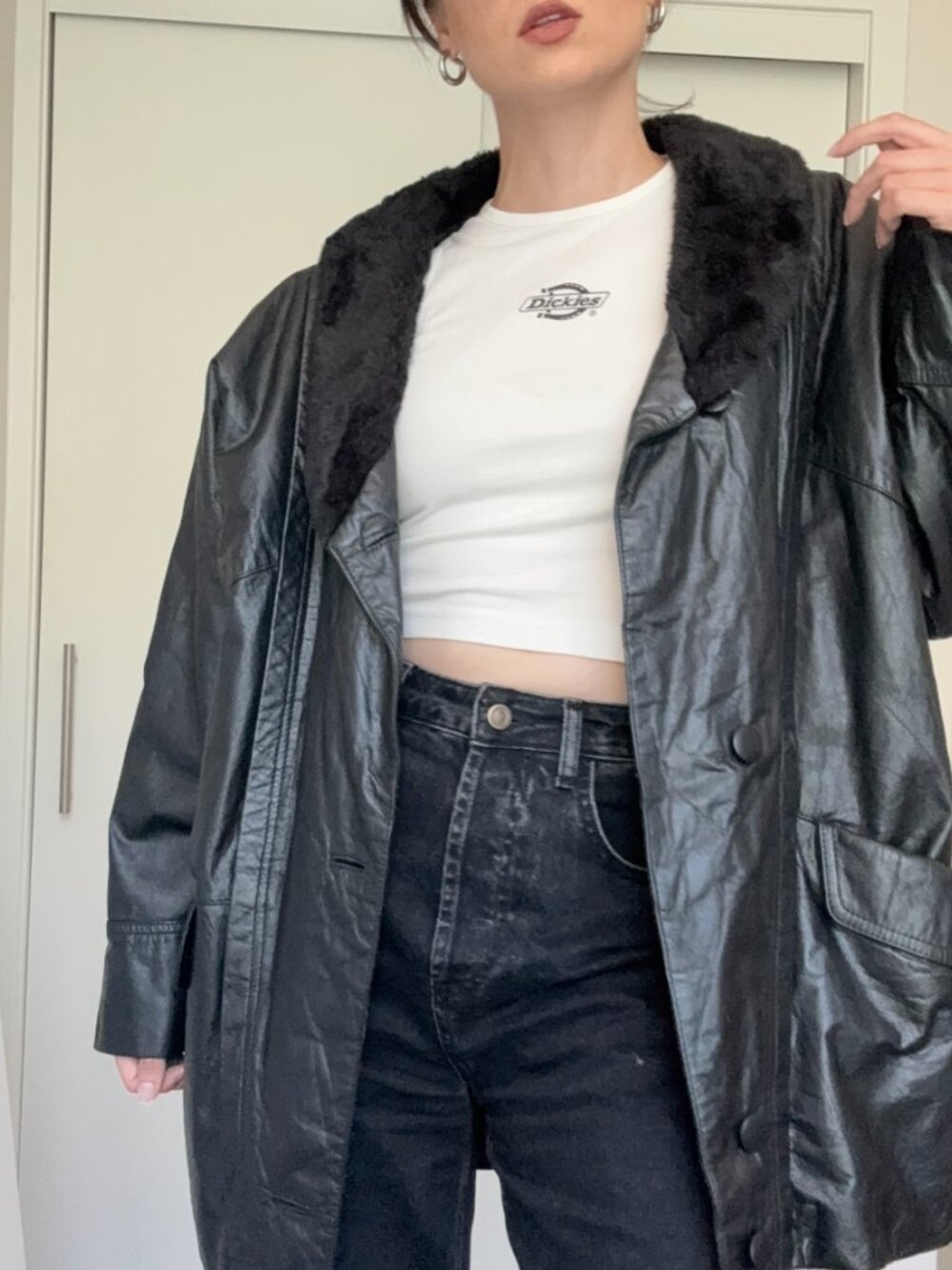 Vintage Black Leather Coat with Faux Fur Collar